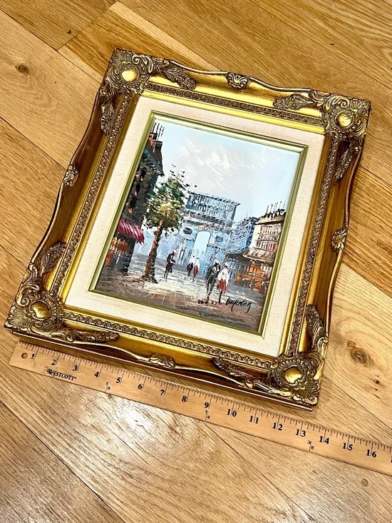 Vintage Oil Painting Parisian Street Gold Tone Ornate Frame 13" x 15" - Picture 11 of 14